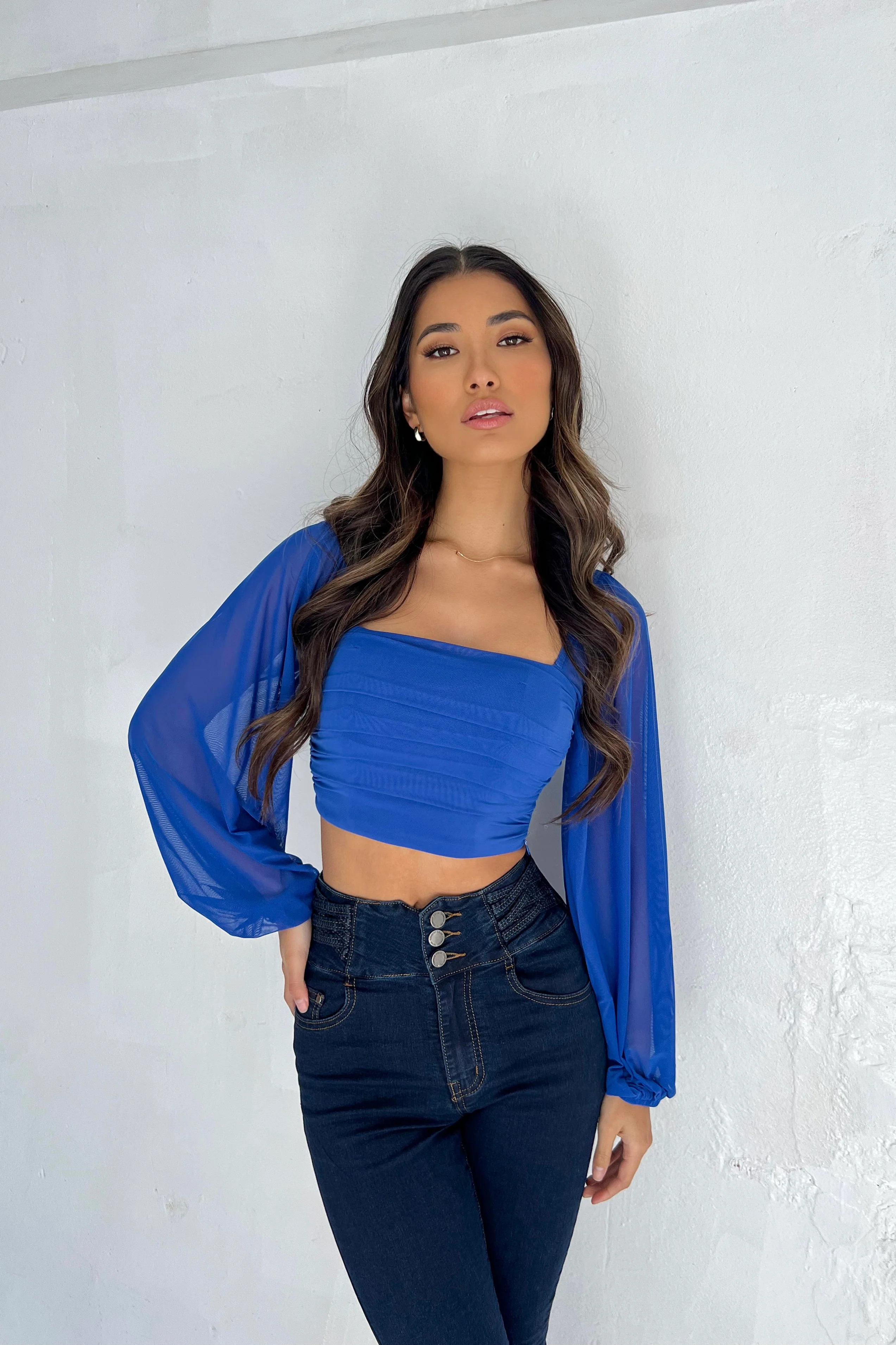 Elegant Royal Blue Sheer Sleeve Top